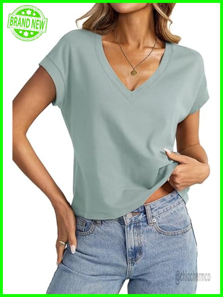 Cotton Blend V Neck Crop Top Cap Sleeve Boxy Loose Fit Summer Tee